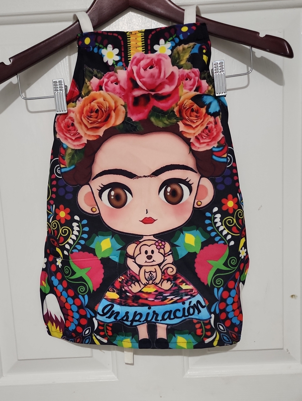 Frida Kahlo Inspired Floral Girl Graphic Apron - Black with Multicolor Print